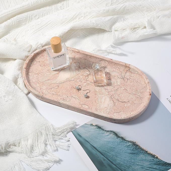 Koville Pink Marble Tray for Bathroom Countertop, Vanity Tray Stone Trays for - Image 3