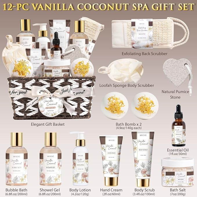 Mothers Day Birthday Gifts for Women, Vanilla Coconut Relaxing Spa Gift Baskets - Image 2