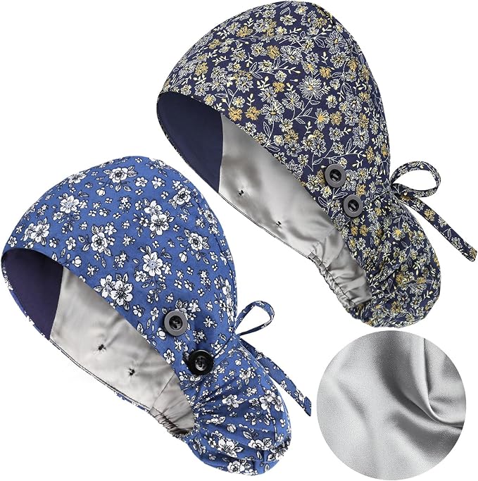 Satin Lined Scrub Caps with Buttons & Sweathand, Surgical Caps by Yuest