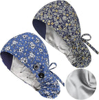 Satin Lined Scrub Caps with Buttons & Sweathand, Surgical Caps by Yuest