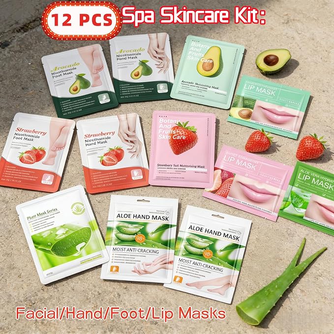 12PC Natural At-Home Spa Skincare Kit | Strawberry Aloe Vera Avocado Face Hand - Image 7