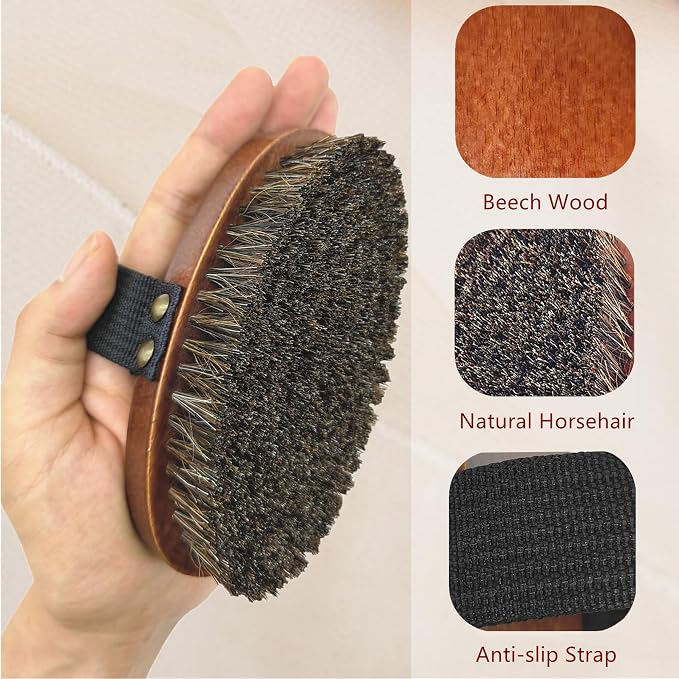 Dry Brushing Body Brush, Exfoliating Body Scrubber Natural Horsehair Bath - Image 2
