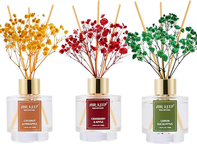 Airkeep Reed Diffuser Set of 3, Coconut Pineapple Lemon Eucalyptus Cranberry by Airkeep