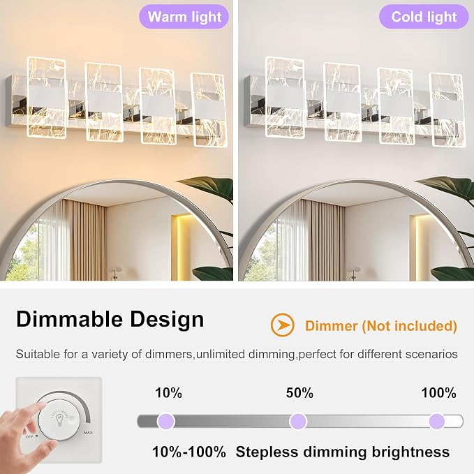 Modern LED Bathroom Light Fixtures Dimmable 4-Light Chrome Vanity Light - Image 4
