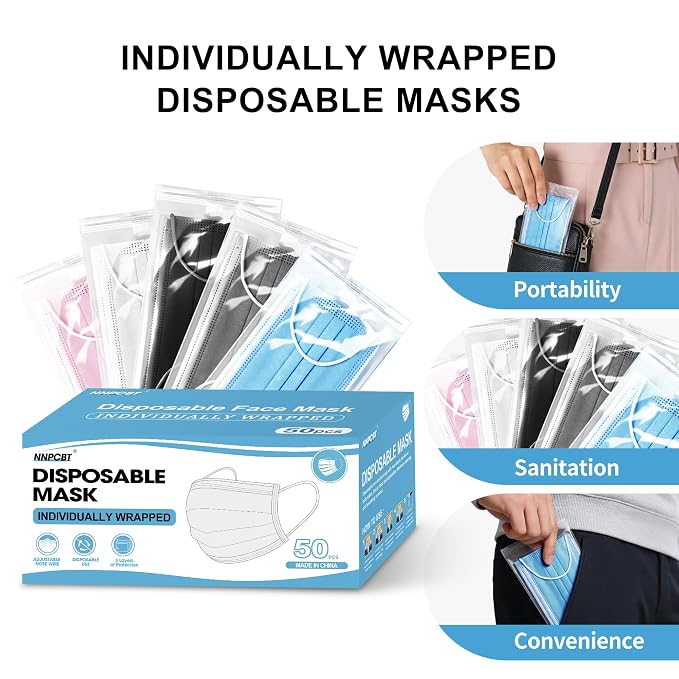NNPCBT 5 Color Disposable Face Masks 50pcs, Individually Wrapped Masks - Image 2