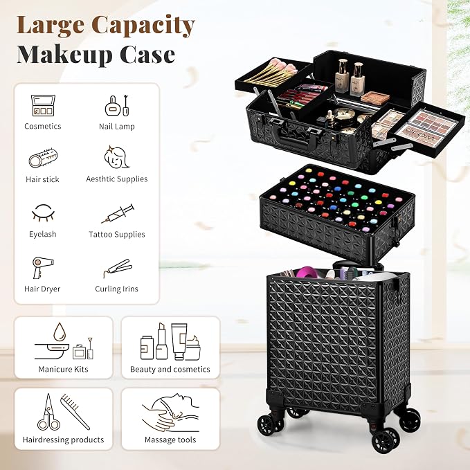 3 in 1 Rolling Makeup Train Case Professional Large Cosmetic Trolley - Image 3