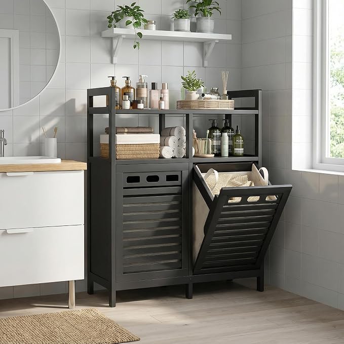 Homykic Tilt Out Laundry Hamper Cabinet, Bamboo Double Laundry Hamper - Image 9