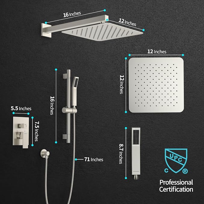 SR SUN RISE 12 Inch Square Shower System, Rain Shower Head and Slide Bar - Image 5