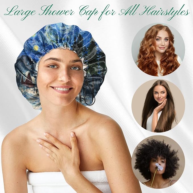 2 PCS Shower Cap Waterproof Double Layer Elastic Adjustable Reusable Hair Bath - Image 4