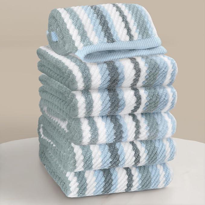 VOOVA & MOVAS Blue Striped Washcloths 6 Pack, 100% Cotton, Ultra Soft, Quick Dry by VOOVAMOVAS