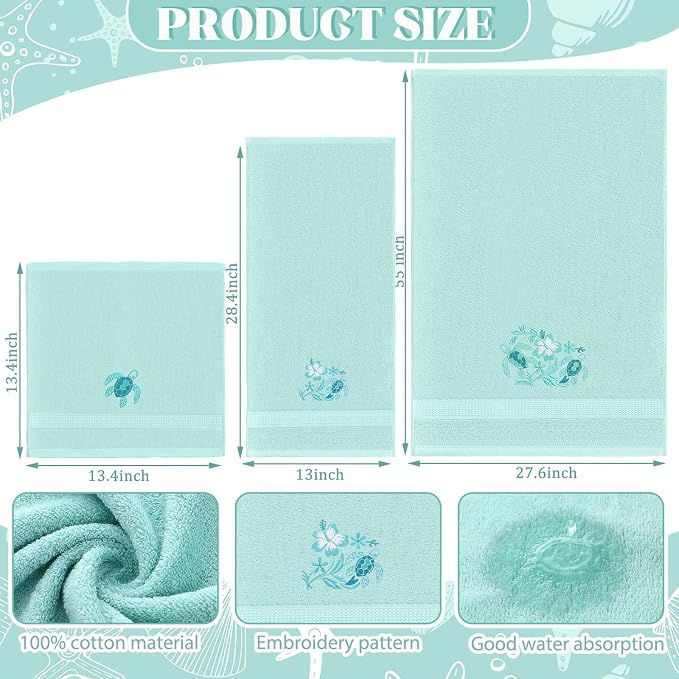 3 Pcs Rustic Sea Turtle Bathroom Towel Set Farmhouse Embroidered Sea Turtle - Image 2