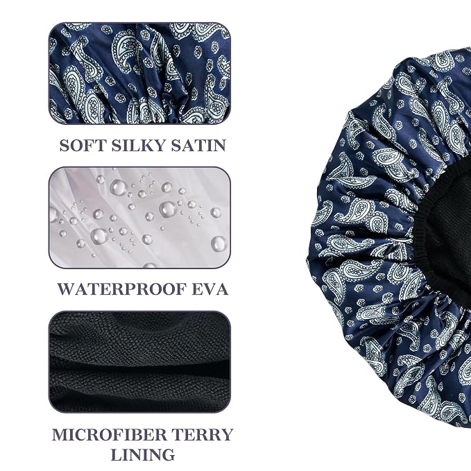 Bandana Satin Shower Cap, Three-Layer Terry Cloth Lined, - Image 3