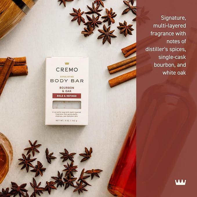 Cremo Exfoliating Body Bar for Men, Bourbon & Oak Scent, Cleanses and Hydrates - Image 2