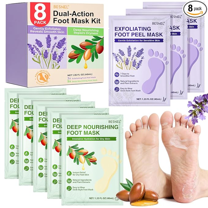 5Pack Moisturizing＆3Psck Foot Peeling Foot Mask, Hydrating Foot Masks Dry by BESNEL