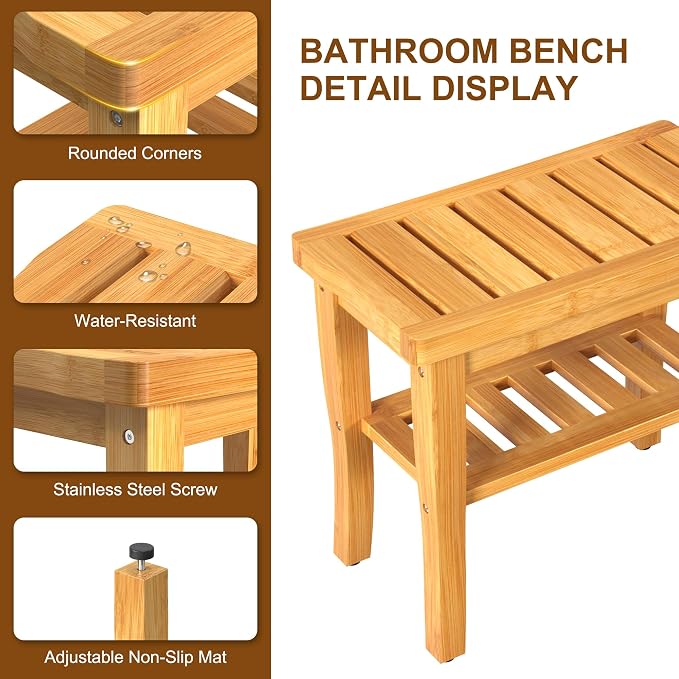 Bamboo Shower Bench Stool with Storage Shelf Waterproof Shower Chair Spa Bath - Image 4