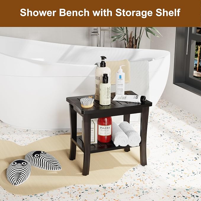 Extra Bamboo Black Shower Bench Stool Waterproof Shower Chair Spa Bath Seat - Image 2