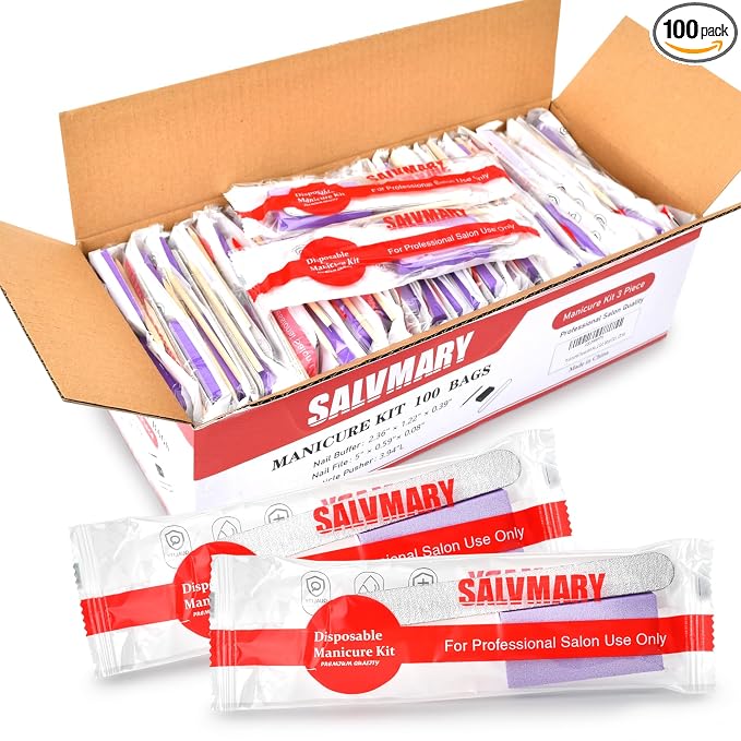 Professional Disposable Manicure Kit Basics 3 Piece Nail Kit, Wood Nail File by SALVMARY