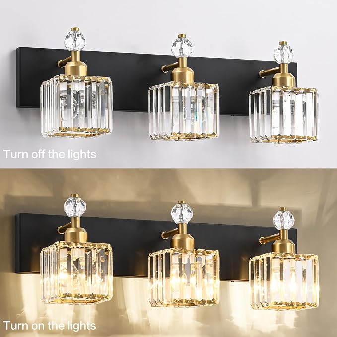 PRESDE 3-Light Crystal Bathroom Vanity Lights Black and Gold Bathroom Lights - Image 7