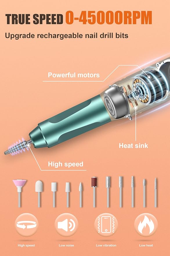 Electric Nail Drill Professional, 45000RPM Cordless Electric Nail File - Image 6