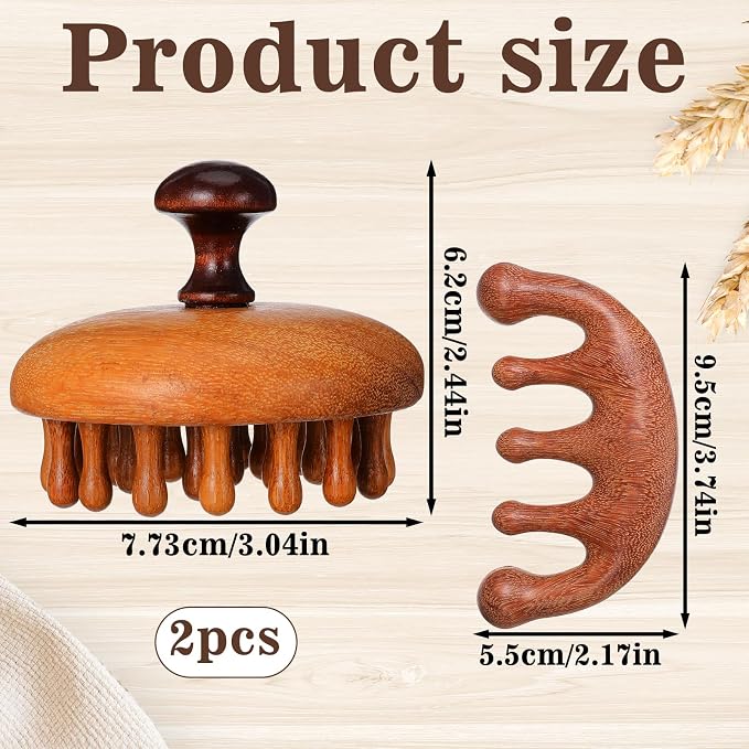 Trinkrittey 2 Pack Wooden Scalp Massager Comb Wooden Hair Brush Head Gua Sha - Image 2