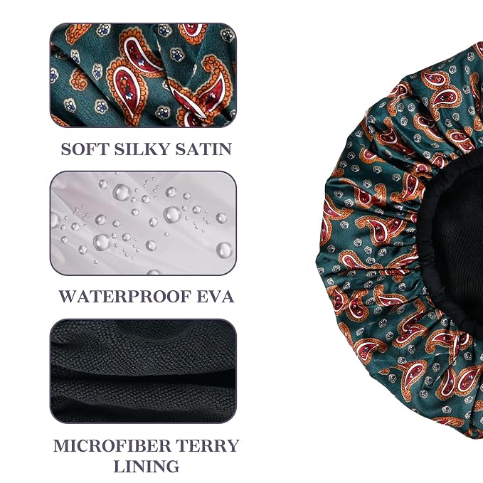 Paisley Satin Shower Cap, Three-Layer Terry Cloth Lined, - Image 3