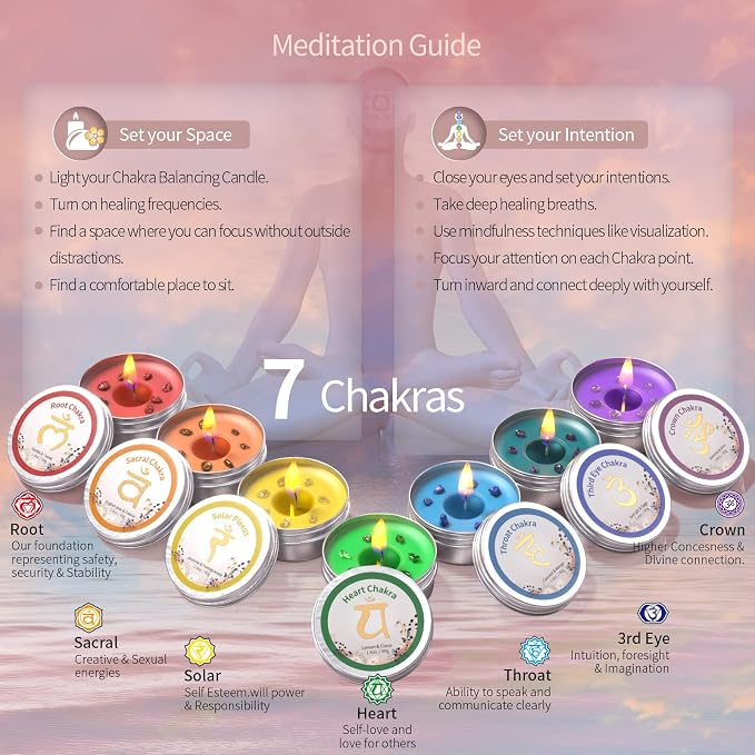 Inspireyes Chakra Candles Set of 7, Meditation Crystal Scented Candles Gift Set - Image 2