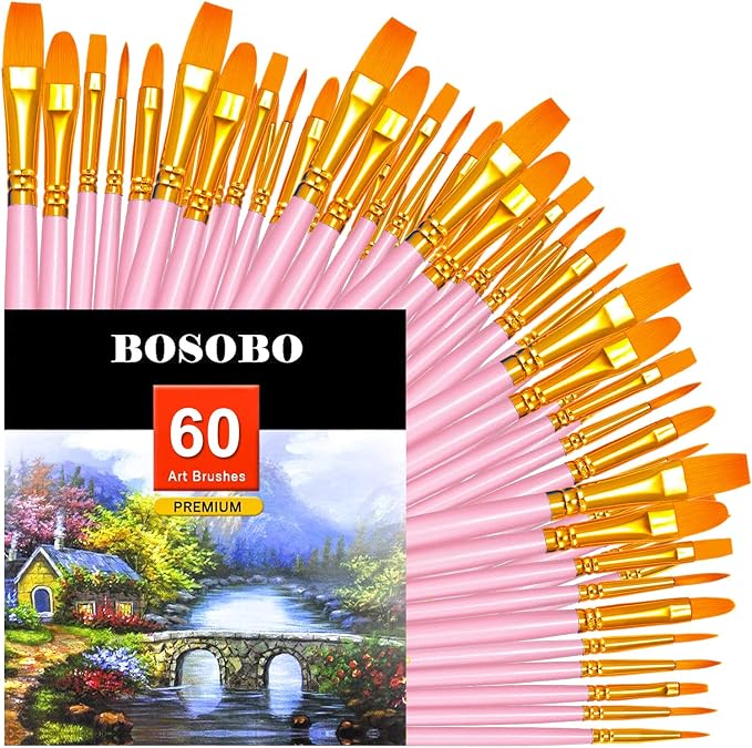 BOSOBO Paint Brushes Set, 6 Pack 60 Pcs Round Pointed Tip Paintbrushes Nylon by ArtistPaintBrushesSet