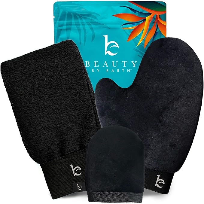 Self Tanning Mitt Applicator Set – 3-in-1 Velvet Mitts, Exfoliating Glove & by BeautybyEarth
