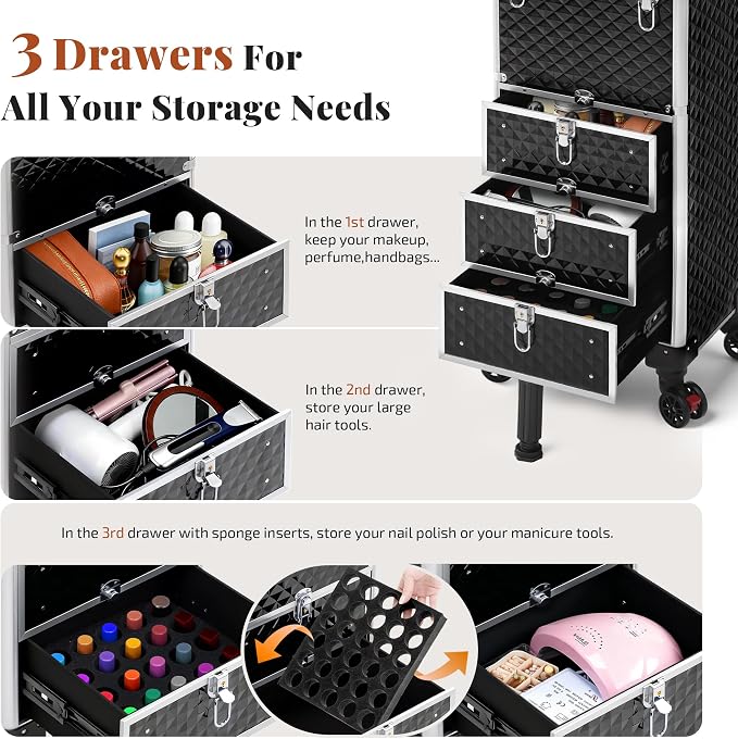 Rolling Makeup Train Case with 3 Drawers, Nail Trolley Cart Salon Station - Image 5