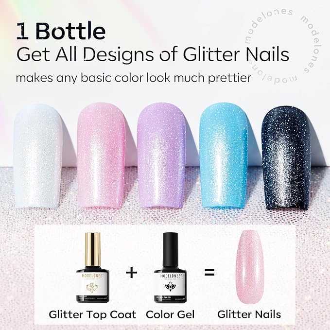 modelones Glitter Gel Top Coat, Ultra Fine White Aurora Clear Glitter Gel - Image 3