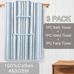 Blue Striped Towels Set of 3, 100% Cotton, Quick Dry, Soft & Absorbent Luxury - Image 5