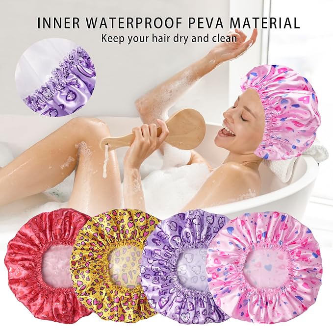 4 PCS Shower Cap for Women, Elastic and Reusable Bath Caps, Double Layers - Image 7