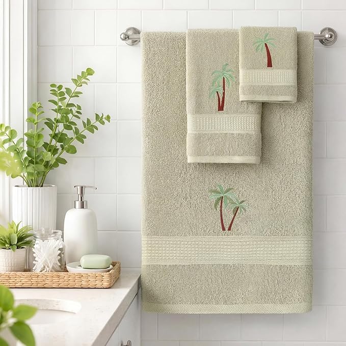 3 Pcs Summer Palm Tree Bathroom Towel Set Farmhouse Embroidered Palm Tree - Image 3