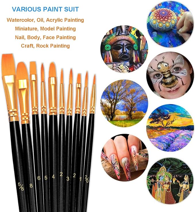 BOSOBO Paint Brushes Set, 10 Pieces Round Pointed Tip Paintbrushes Nylon Hair - Image 5