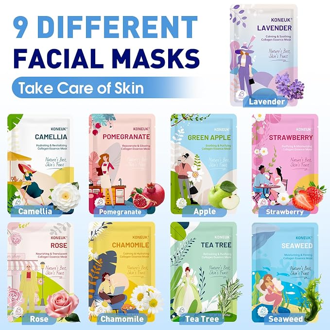 KONEUK 9 Pack Hydrating Face Masks Skincare, Bulk Sheet Face Mask - Image 3