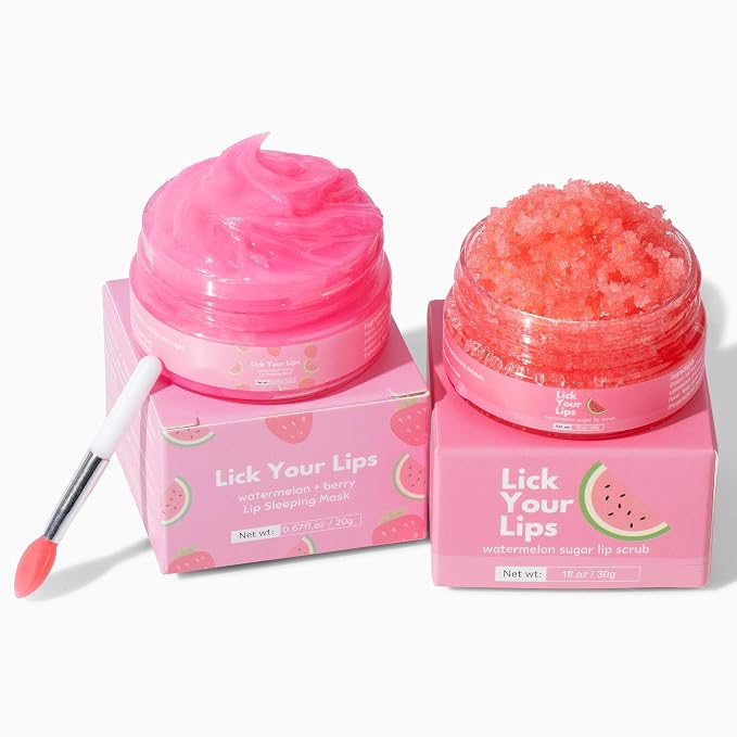 Watermelon Lip Scrub and Lip Sleeping Mask Duo to Exfoliate and Nourish Dry by LickYourLips