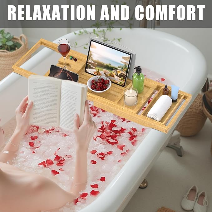 Foldable Bathtub Caddy Tray for Tub, Bamboo Expandable Bath Table Trays - Image 4