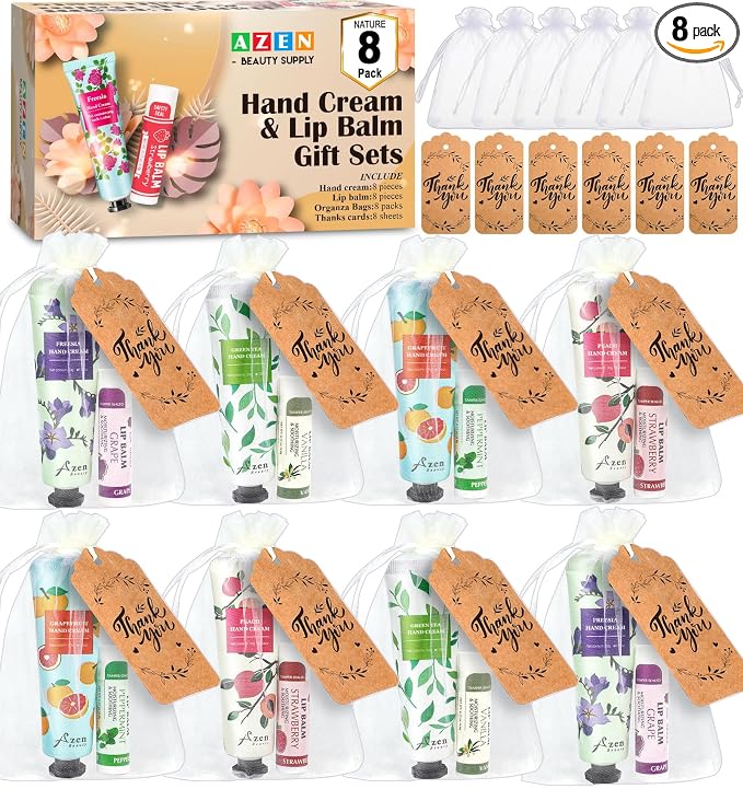 AZEN 8 Sets Bulk Gifts, Hand Cream and Lip Balm Bulk Set by AZEN