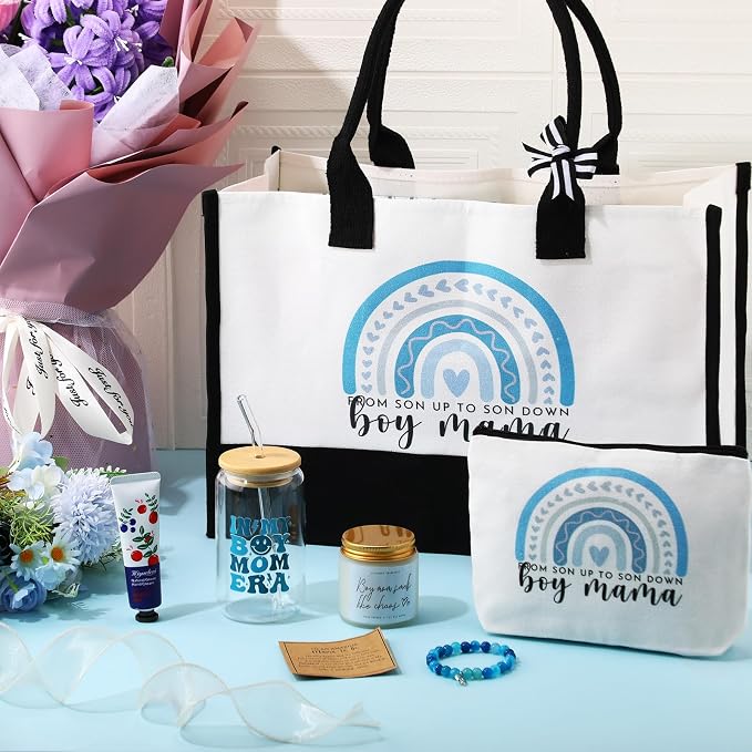 7 Sets Boy Mother Gifts for New Mom Gifts Tote Bag Makeup Bag Candle Bracelet - Image 6