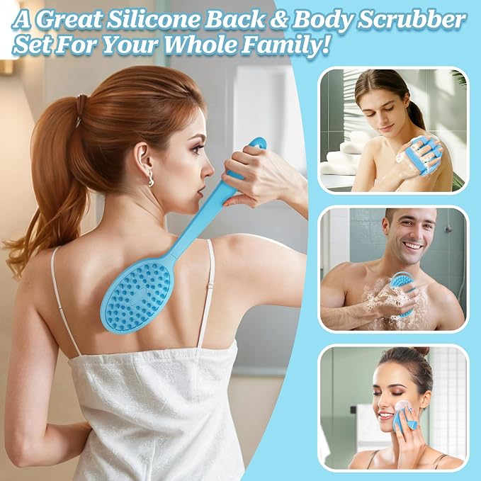 Silicone Back/Body/Face Scrubber & Soft Bath Glove Set 4PCS, Gentle Exfoliating - Image 8