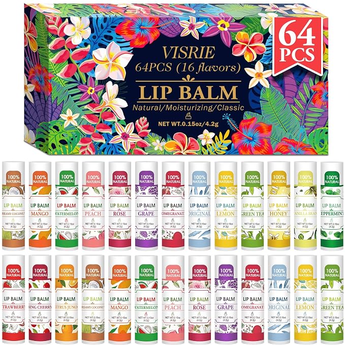 VISRIE 64 Pack Lip Balm, Natural Lip Balm Bulk by VISRIE