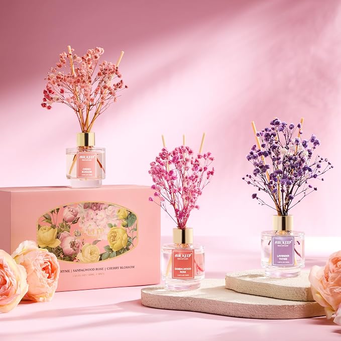 Airkeep Reed Diffuser Set of 3, Lavender Thyme Sandalwood Rose Cherry Blossom - Image 5