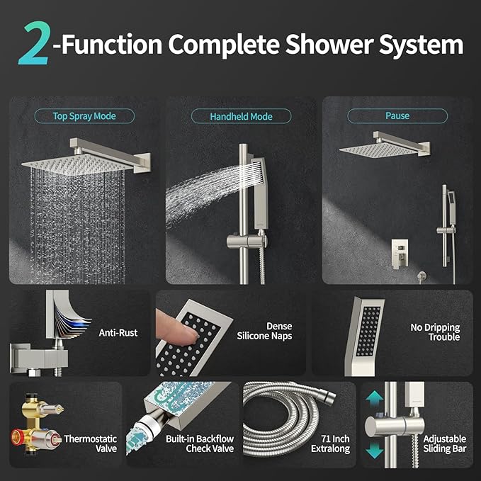 SR SUN RISE Shower System with 10" Rain Showerhead, Square Handheld Showerwith - Image 3
