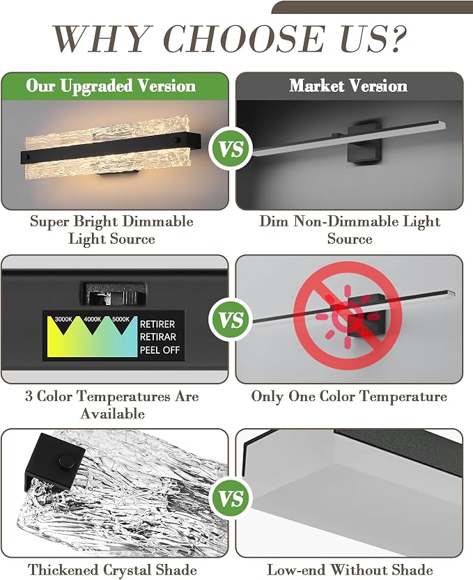 Black LED Bathroom Vanity Light, 24.4 Inch 15W Modern Dimmable Bathroom Light - Image 4