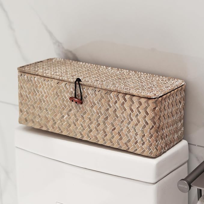 Seagrass Storage Basket with Lid Rectangular Small Woven Shelf Baskets with - Image 9