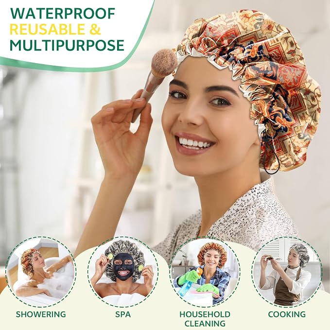 2 PCS Shower Cap Waterproof Double Layer Elastic Adjustable Reusable Hair Bath - Image 6