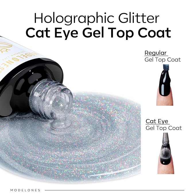 modelones Rainbow Cat Eye Gel Nail Polish Top Coat, 2-in-one 9D Glitter Clear - Image 3