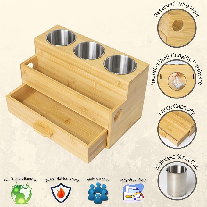 Harzen Brothers Hair Tool Organizer- Bamboo, Blow Dryer Holder, Bathroom - Image 3