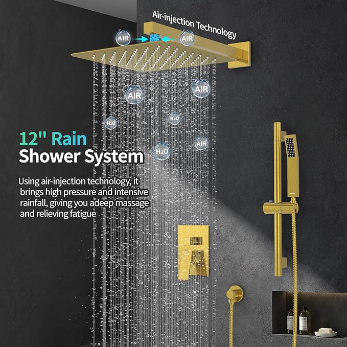 SR SUN RISE 12 Inch Brushed Gold Shower Faucet Set, Wall-Mount Adjustable - Image 2