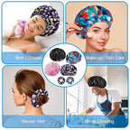 Shower Cap for Women Set of 4, Bath Caps, Double Layers Hair Caps + 2 Satin - Image 5
